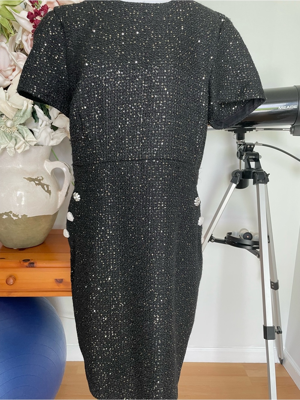 Ann Taylor Black Sequin Midi Dress with Decorative Side Buttons
